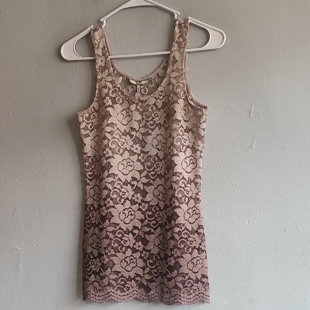 Women's small BKE tan brown ombre semi-sheer lace tank top shirt scalloped hem